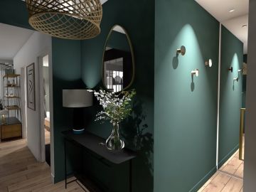 LES 3 D  du PROJET GLACIERE 
En cette belle journée je vous présente: 

L’entrée:

✨ Dès l’entrée on annonce la couleur avec le vert Golbin de chez Little...